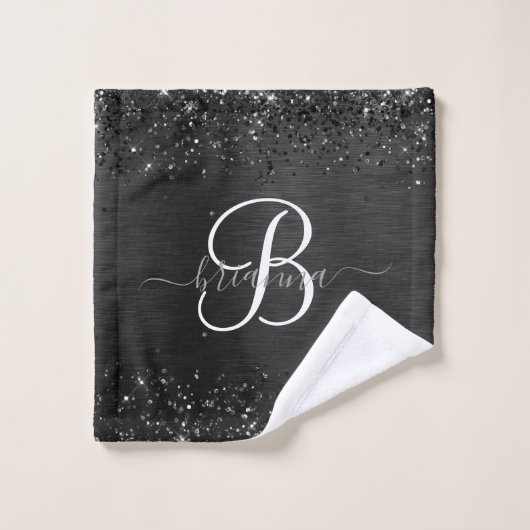 Aangepast zwart glitter Sparkle Monogram Bad Handdoek (Wasdoekje)