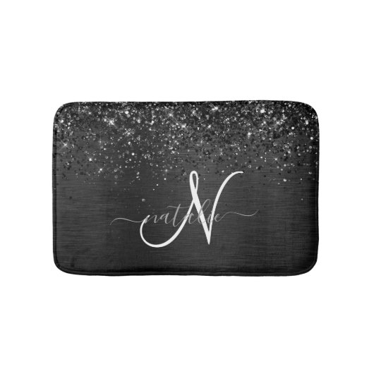 Aangepast zwart glitter Sparkle Monogram Badmat (Voorkant)