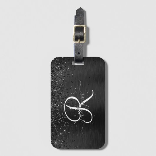Aangepast zwart glitter Sparkle Monogram Bagagelabel (Voorkant (verticaal))