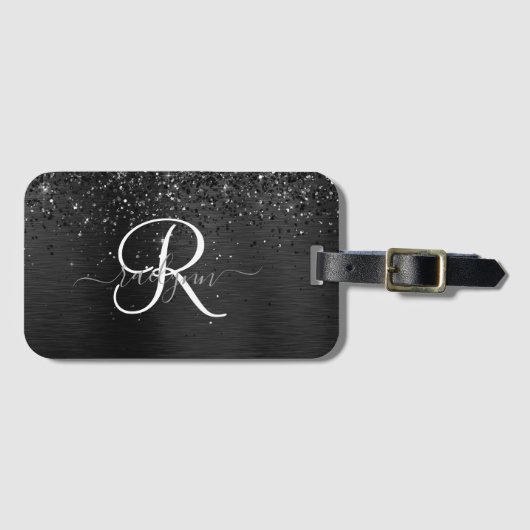 Aangepast zwart glitter Sparkle Monogram Bagagelabel (Voorkant (horizontaal))
