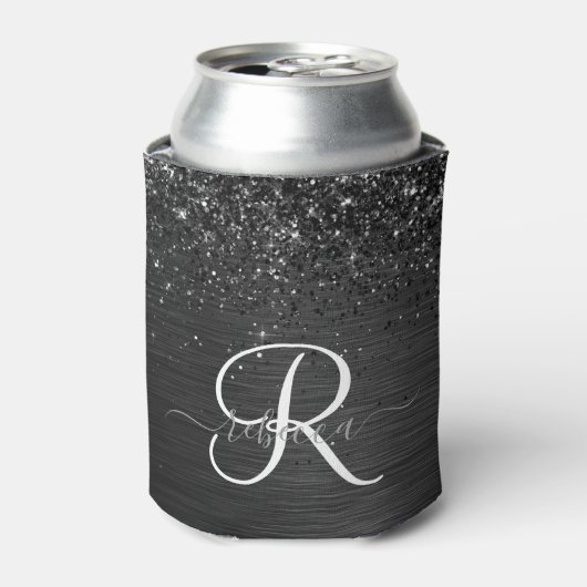 Aangepast zwart glitter Sparkle Monogram Blikjeskoeler (Blikje Voorkant)