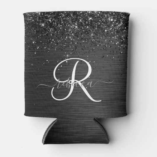 Aangepast zwart glitter Sparkle Monogram Blikjeskoeler (Voorkant)