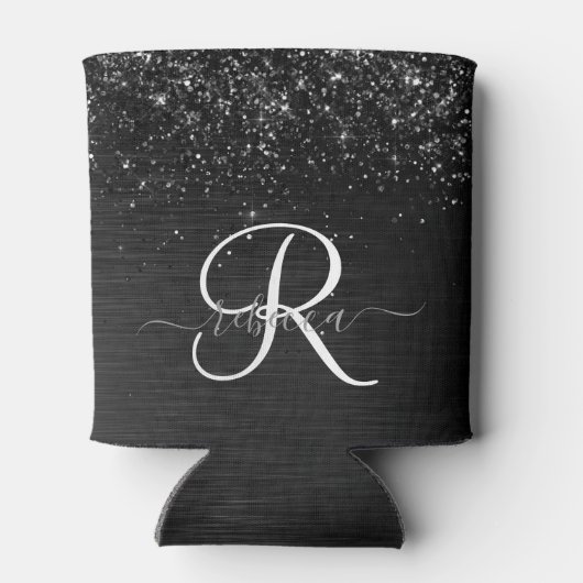 Aangepast zwart glitter Sparkle Monogram Blikjeskoeler (Achterkant)