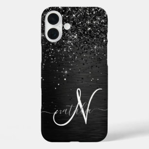 Aangepast zwart glitter Sparkle Monogram iPhone 16 Plus Hoesje