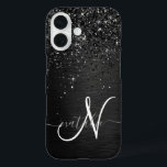 Aangepast zwart glitter Sparkle Monogram iPhone 16 Hoesje<br><div class="desc">Pas dit trendy elegante telefoondoosontwerp eenvoudig aan met  zwarte mousserende glitter op een zwarte geborstelde metalen achtergrond.</div>