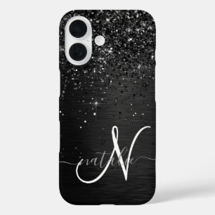 Aangepast zwart glitter Sparkle Monogram iPhone 16 Hoesje