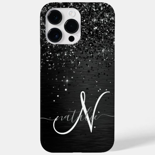 Aangepast zwart glitter Sparkle Monogram Case-Mate iPhone Case (Achterkant)