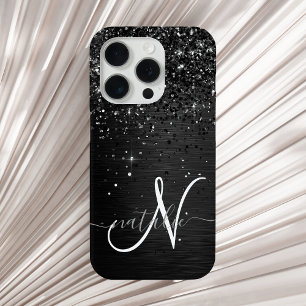 Aangepast zwart glitter Sparkle Monogram iPhone 15 Pro Case