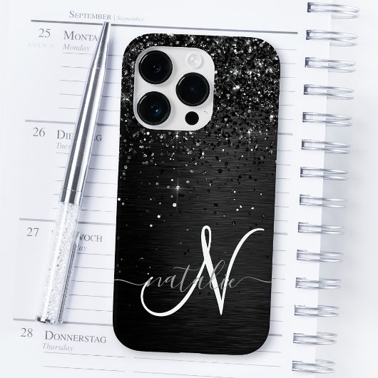 Aangepast zwart glitter Sparkle Monogram Case-Mate iPhone Case