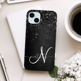 Aangepast zwart glitter Sparkle Monogram iPhone 15 Mini Hoesje
