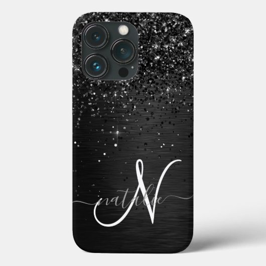 Aangepast zwart glitter Sparkle Monogram Case-Mate iPhone Case (Achterkant)