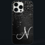 Aangepast zwart glitter Sparkle Monogram iPhone 16 Pro Max Hoesje<br><div class="desc">Pas dit trendy elegante telefoondoosontwerp eenvoudig aan met  zwarte mousserende glitter op een zwarte geborstelde metalen achtergrond.</div>