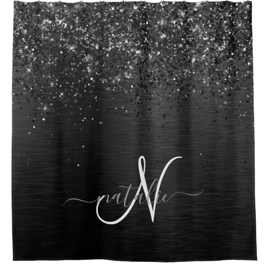 Aangepast zwart glitter Sparkle Monogram Douchegordijn (Voorkant)