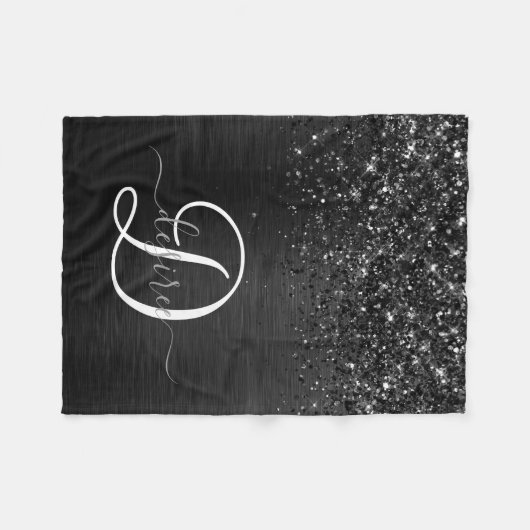 Aangepast zwart glitter Sparkle Monogram Fleece Deken (Voorkant (Horizontaal))