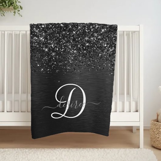 Aangepast zwart glitter Sparkle Monogram Fleece Deken