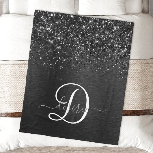 Aangepast zwart glitter Sparkle Monogram Fleece Deken