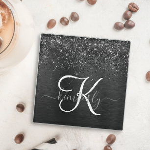 Aangepast zwart glitter Sparkle Monogram Glazen Onderzetter