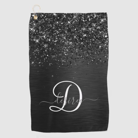 Aangepast zwart glitter Sparkle Monogram Golfhanddoek (Voorkant)