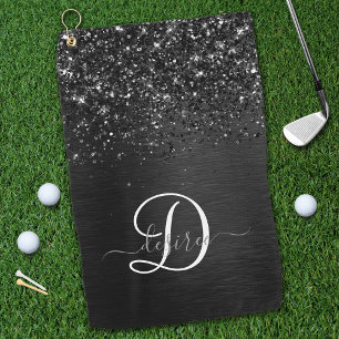 Aangepast zwart glitter Sparkle Monogram Golfhanddoek