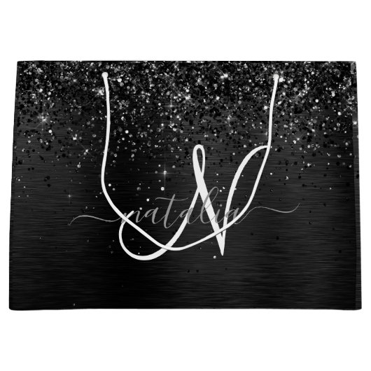 Aangepast zwart glitter Sparkle Monogram Groot Cadeauzakje (Voorkant)