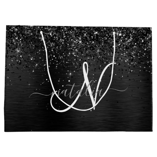 Aangepast zwart glitter Sparkle Monogram Groot Cadeauzakje (Achterkant)
