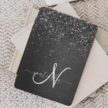 Aangepast zwart glitter Sparkle Monogram iPad Air Cover<br><div class="desc">Pas dit trendy elegante iPad-afdekontwerp eenvoudig aan met  zwarte mousserende glitter op een zwarte geborstelde metalen achtergrond.</div>