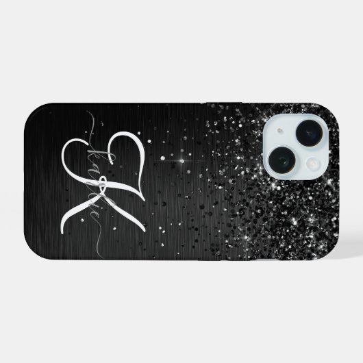 Aangepast zwart glitter Sparkle Monogram iPhone 15 Case (Achterkant horizontaal)