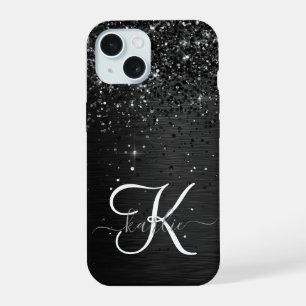 Aangepast zwart glitter Sparkle Monogram iPhone 15 Case