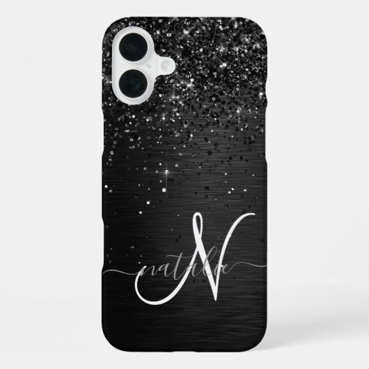 Aangepast zwart glitter Sparkle Monogram iPhone Hoesje (Achterkant)