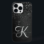 Aangepast zwart glitter Sparkle Monogram iPhone 14 Pro Max Hoesje<br><div class="desc">Pas dit trendy elegante telefoondoosontwerp eenvoudig aan met  zwarte mousserende glitter op een zwarte geborstelde metalen achtergrond.</div>