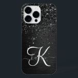 Aangepast zwart glitter Sparkle Monogram iPhone 14 Pro Max Hoesje<br><div class="desc">Pas dit trendy elegante telefoondoosontwerp eenvoudig aan met  zwarte mousserende glitter op een zwarte geborstelde metalen achtergrond.</div>