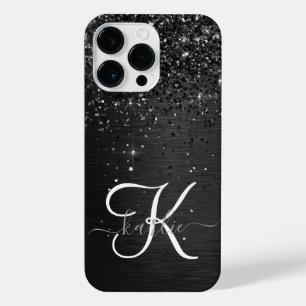 Aangepast zwart glitter Sparkle Monogram iPhone 14 Pro Max Hoesje