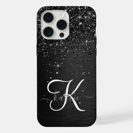 Aangepast zwart glitter Sparkle Monogram iPhone Hoesje (Achterkant)