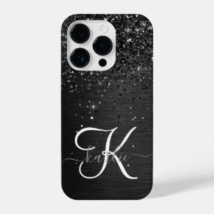 Aangepast zwart glitter Sparkle Monogram iPhone 14 Plus Hoesje
