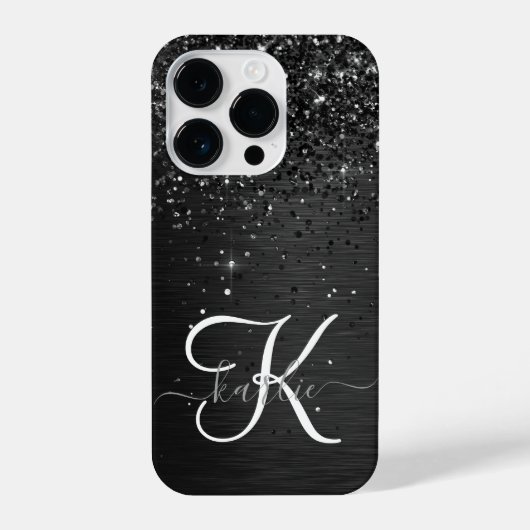 Aangepast zwart glitter Sparkle Monogram iPhone Hoesje (Achterkant)