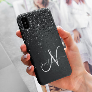 Aangepast zwart glitter Sparkle Monogram iPhone 15 Pro Max Case