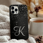 Aangepast zwart glitter Sparkle Monogram iPhone Hoesje