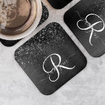 Aangepast zwart glitter Sparkle Monogram Kartonnen Onderzetters<br><div class="desc">Pas dit trendy elegante onderzetter van vierkante papieren met  zwarte mousserende glitter op een zwarte geborstelde metalen achtergrond eenvoudig aan.</div>