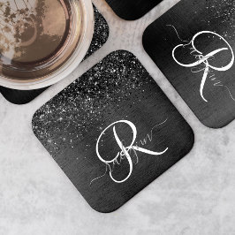 Aangepast zwart glitter Sparkle Monogram Kartonnen Onderzetters