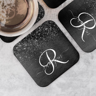 Aangepast zwart glitter Sparkle Monogram Kartonnen Onderzetters