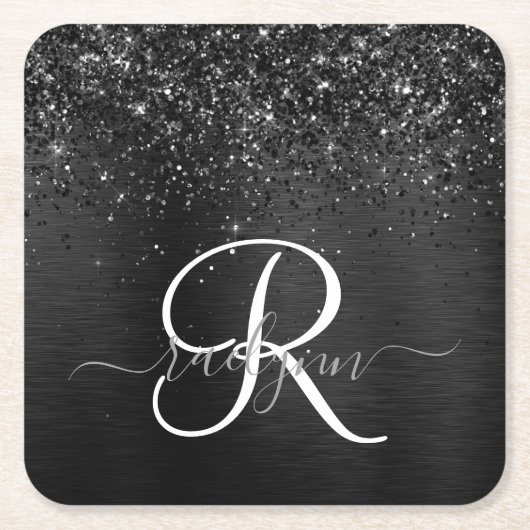 Aangepast zwart glitter Sparkle Monogram Kartonnen Onderzetters (Voorkant)