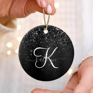 Aangepast zwart glitter Sparkle Monogram Keramisch Ornament