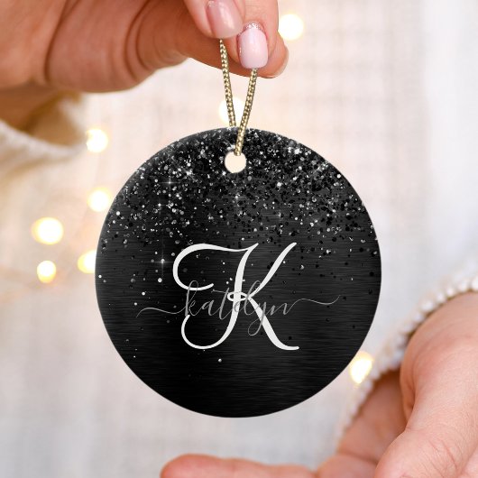 Aangepast zwart glitter Sparkle Monogram Keramisch Ornament