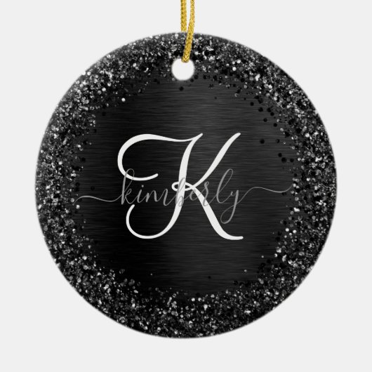 Aangepast zwart glitter Sparkle Monogram Keramisch Ornament (Voorkant)