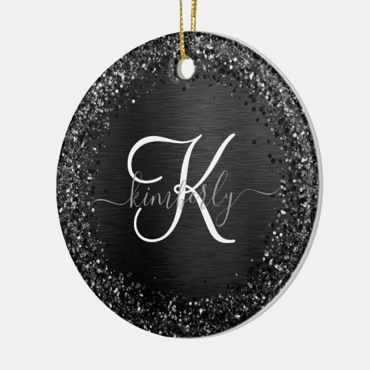 Aangepast zwart glitter Sparkle Monogram Keramisch Ornament (Links)