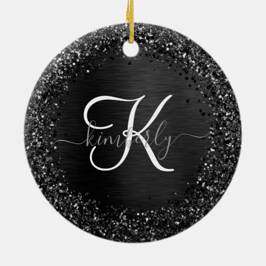 Aangepast zwart glitter Sparkle Monogram Keramisch Ornament (Achterkant)