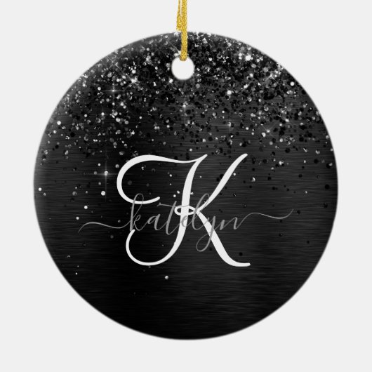 Aangepast zwart glitter Sparkle Monogram Keramisch Ornament (Achterkant)