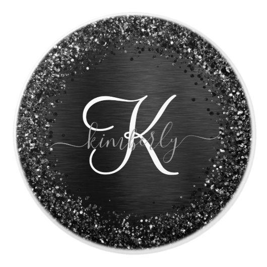 Aangepast zwart glitter Sparkle Monogram Keramische Knop (Voorkant)