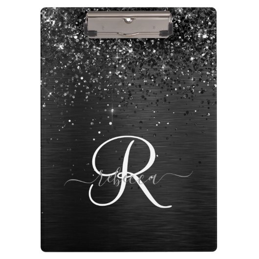 Aangepast zwart glitter Sparkle Monogram Klembord (Voorkant)