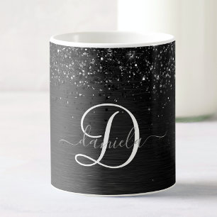 Aangepast zwart glitter Sparkle Monogram Koffiemok